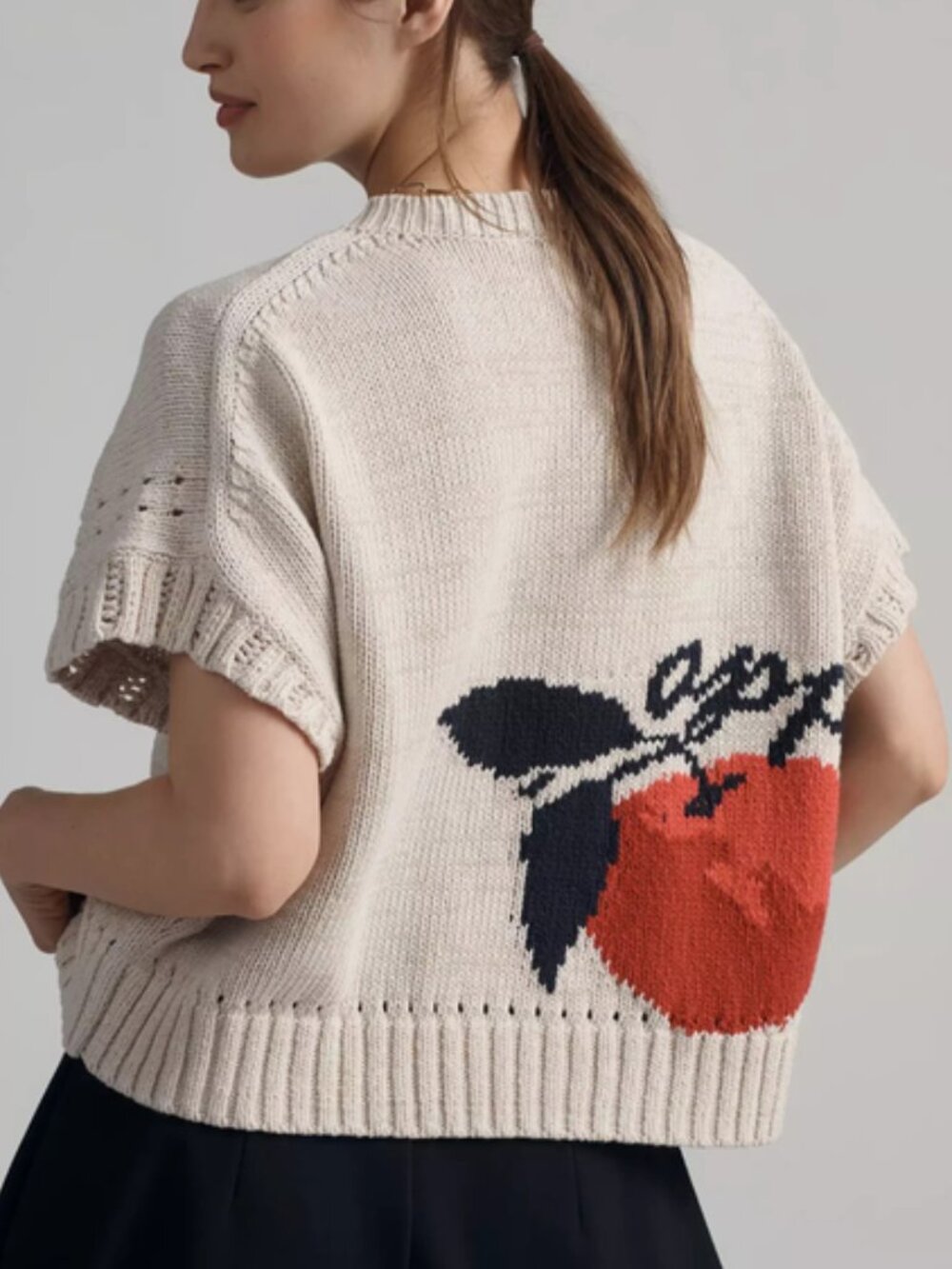 Anthropologie Maeve Short-Sleeve Veggie Motif Graphic Sweater Apples S NWT - Picture 3 of 5